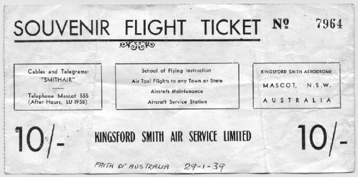 Souvenir Flight Ticket for a flight in "Faith of Australia" on 29 January 